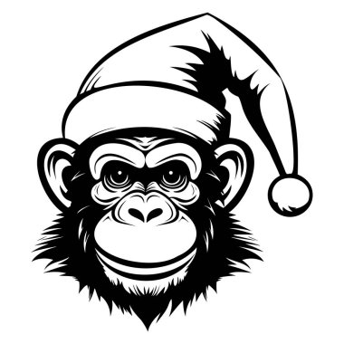 Playful Monkey Wearing Santa Hat in Bold Black and White Vector Design for Holiday and Seasonal Cheer Themes