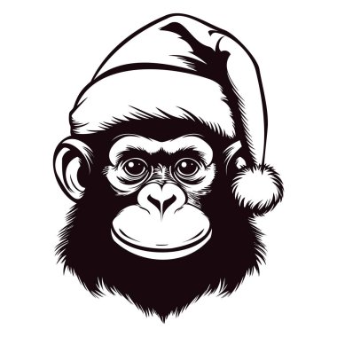 Christmas Chimpanzee Wearing Santa Hat in Black and White Illustration for Holiday Celebration Graphic Design