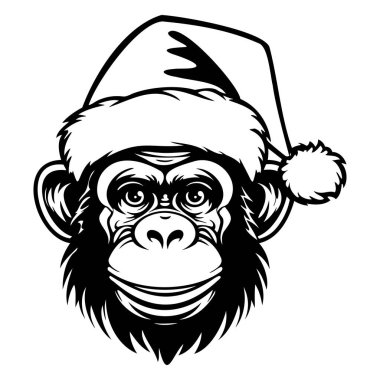 Black and White Illustration of a Monkey Wearing a Santa Hat for Holiday Cheer and Festive Themes
