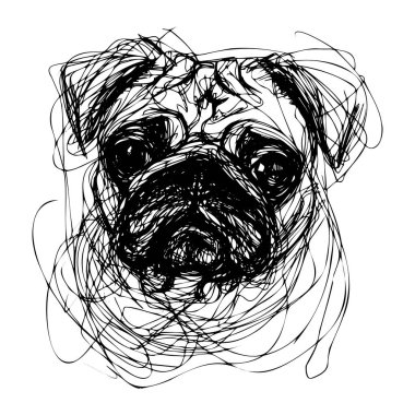 Abstract line art representation of a pug dog featuring intricate swirling black lines and a distinctive expressive face