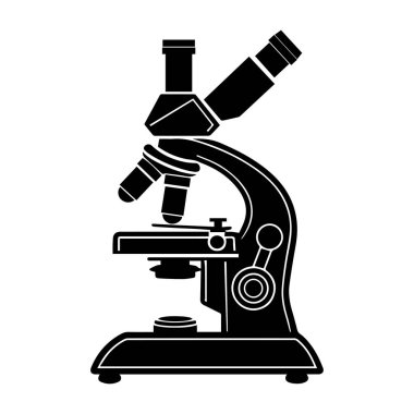 Black and white silhouette of laboratory microscope with adjustable lenses and stage for scientific research and educational purpose