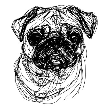 Abstract drawing of a pug dog with flowing lines and artistic flair, showcasing the unique features and personality of this beloved breed