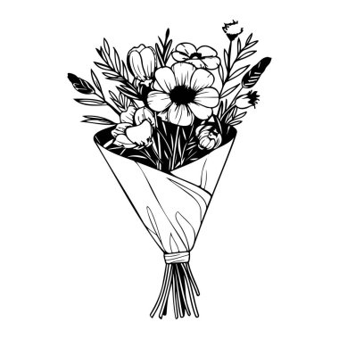 Black and White Illustration of a Floral Bouquet Wrapped in Paper with Various Blossoms and Greenery