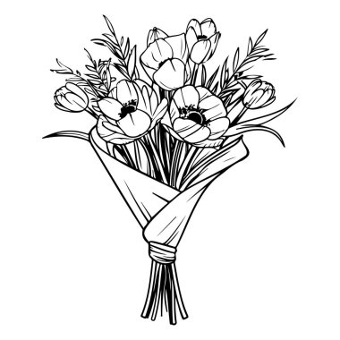 Elegant Hand-Drawn Bouquet of Flowers with Delicate Petals and Foliage for Artistic and Floral Design Projects