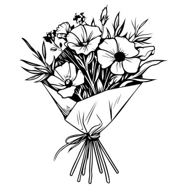 Hand-drawn Floral Bouquet with Various Flowers in Black and White Style for Artistic and Elegant Design Projects