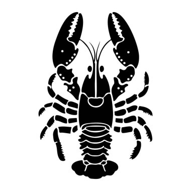 Black silhouette of a lobster isolated on a white background for seafood, cooking, restaurant, and culinary themes in stock photography.