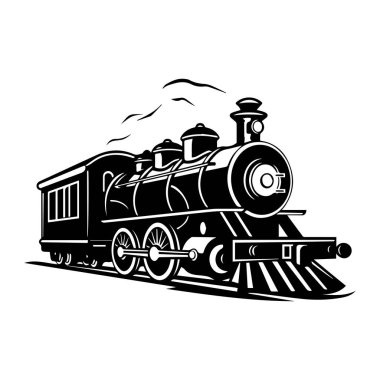 Vintage Steam Locomotive Illustration in Black and White with Classic Design Elements and Bold Lines for Retro Transport Graphics