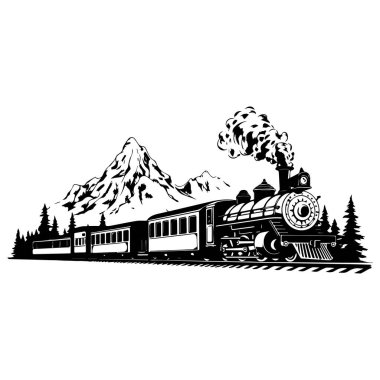 Vintage steam train illustration traveling through a mountainous landscape with majestic trees and scenic backdrop for travel themed designs