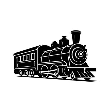 Vintage black and white silhouette of a classic steam locomotive with steam billowing from the chimney and a passenger car behind it
