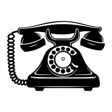 Vintage rotary telephone in black and white illustration, perfect for retro themes, nostalgic designs, and vintage-inspired projects.