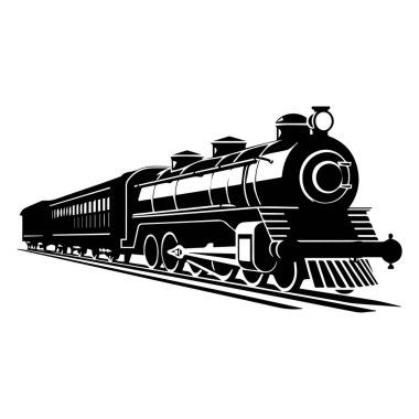 Classic Black and White Train Illustration Featuring a Vintage Steam Locomotive with Passenger Car on Tracks