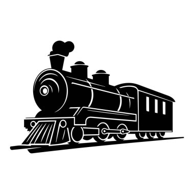 Vintage Steam Locomotive Illustration in Black and White, Featuring a Classic Train Design for Retro and Nostalgic Themes