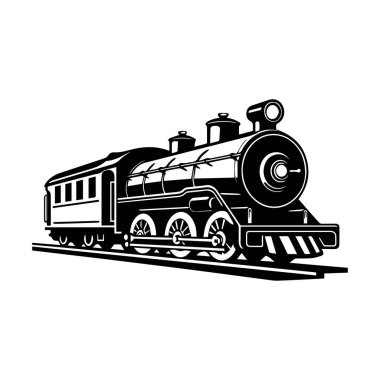 Classic steam locomotive illustration in black and white with vintage design and elegant details showcasing the power of transportation history