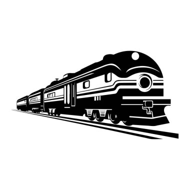 Vintage Train Illustration in Black and White, Side View of Classic Locomotive and Coaches on Track with Retro Design Elements
