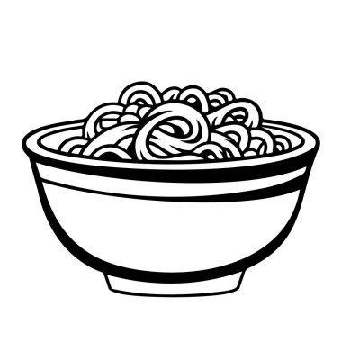 Hand-drawn illustration of a bowl filled with delicious noodles in a simple black and white style for culinary and food design projects