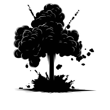 Dramatic Black Explosion with Thick Cloud and Debris Rising in a Powerful Burst of Energy Against a White Background