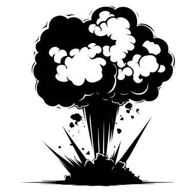 Dramatic Explosion with Thick Cloud of Smoke Rising and Debris Flying in Black and White Style