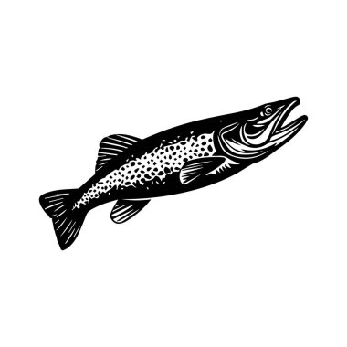 Realistic Illustration of a Freshwater Fish with Detailed Features and Bold Design Showcasing Spotted Body and Open Mouth in Black and White Color Scheme