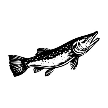 Detailed Black and White Illustration of a Freshwater Fish with Spotted Pattern and Open Mouth for Culinary or Nature-Themed Projects