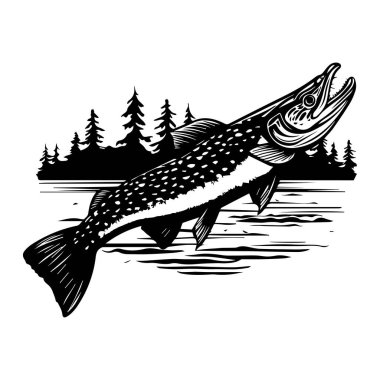 Vintage Style Illustration of a Leaping Fish with Forest Background in Black and White for Nature and Outdoors Themes