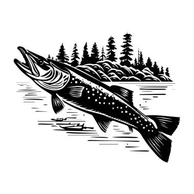 Detailed black and white illustration of a leaping fish with a scenic lake and forest background in a vintage woodcut style