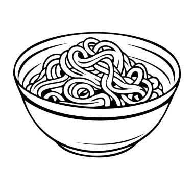 Hand-drawn illustration of a bowl filled with noodles in a simple black and white style perfect for food-related designs and culinary artworks