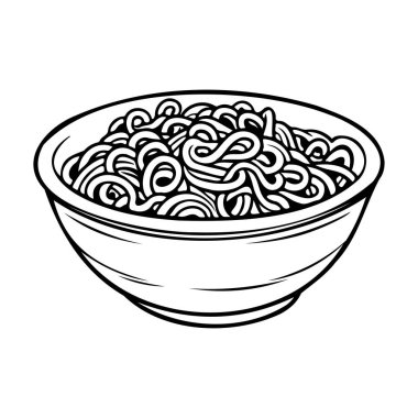 Hand-drawn illustration of a bowl filled with delicious cooked noodles on a white background for culinary and food-related designs