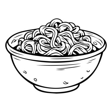 Hand-drawn illustration of a bowl filled with steaming noodles, showcasing a delicious and appetizing meal with intricate details and textures