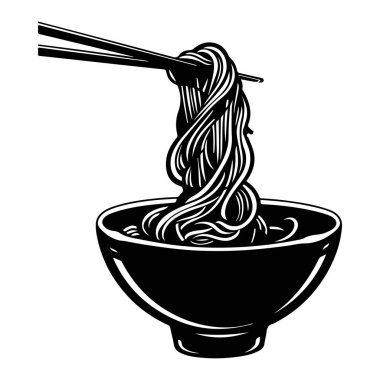 Black and White Illustration of Steaming Noodles in a Bowl with Chopsticks Ready for Eating