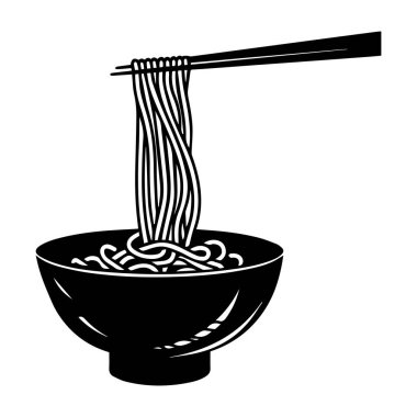 Black and white vector illustration of bowl of noodles with chopsticks depicting Asian cuisine and culinary traditions in a minimalist style