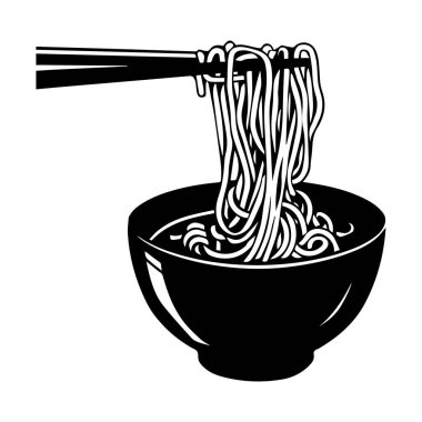 Black and White Illustration of Noodles in a Bowl with Chopsticks, Asian Cuisine Inspiration for Food Related Designs and Culinary Projects