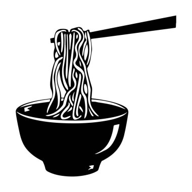 Black and White Graphic of Noodles in Bowl with Chopsticks, Illustrating Asian Cuisine and Culinary Artistry for Food Lovers and Restaurants