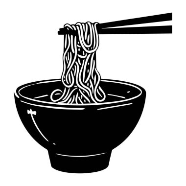 Delicious bowl of noodles being lifted with chopsticks in a stylish, minimalistic illustration showcasing Asian cuisine and food culture