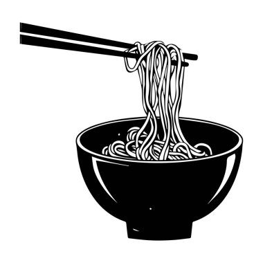 Black and White Illustration of Noodles in Bowl with Chopsticks for Asian Cuisine Presentation and Food Related Designs