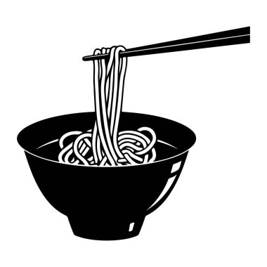 Black and white illustration of noodles being lifted with chopsticks from a bowl of soup