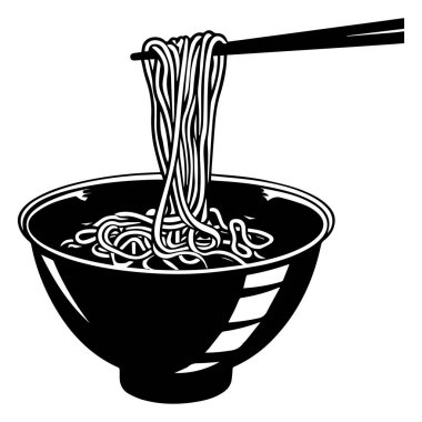Artistic Black and White Illustration of Noodles in a Bowl with Chopsticks in a Minimalist Style
