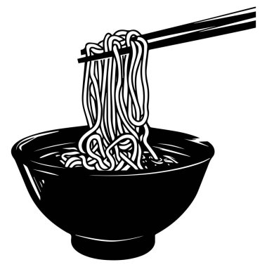 Black and White Illustration of Noodles in Bowl with Chopsticks in Artistic Style for Culinary and Dining Themes