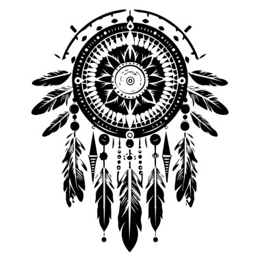 Intricate Black and White Dreamcatcher Design with Feathers and Geometric Patterns for Artistic and Spiritual Themes