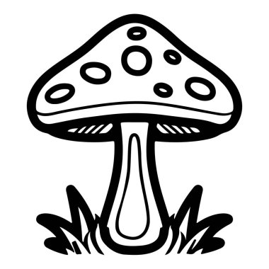 Black and White Illustration of a Simple Mushroom with Rounded Cap and Grass Elements Surrounding the Stem