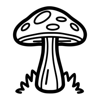 Hand-drawn illustration of a whimsical mushroom with polka dots and grass, perfect for nature-themed designs and children's illustrations