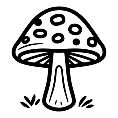 Hand-drawn illustration of a whimsical mushroom with spots, showcasing its unique structure and natural environment in a playful design style