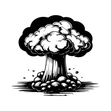 Vintage style illustration of a nuclear explosion with billowing clouds and rising debris in black and white artistic design