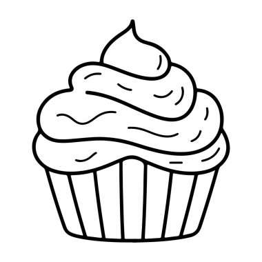 Cute and Whimsical Line Drawing of a Delicious Cupcake with Swirly Frosting Perfect for Food Illustrations and Sweet Treat Designs