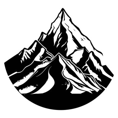 Black and White Illustration of Snow-Capped Mountain Peaks with Scenic Valleys and Rugged Terrain for Nature and Adventure Themes