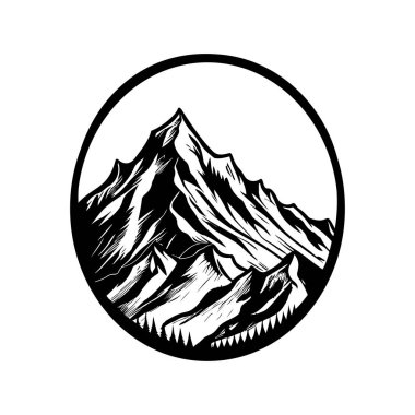 Black and White Mountain Silhouette Design Inside Circular Frame for Nature and Outdoor Applications