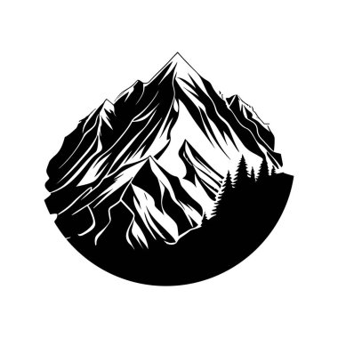 Elegant monochrome mountain silhouette with trees in circular frame, perfect for outdoor and adventure themes