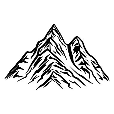 Black and white illustration of majestic mountain peaks with detailed snow caps and rugged cliffs for outdoor and adventure themed designs