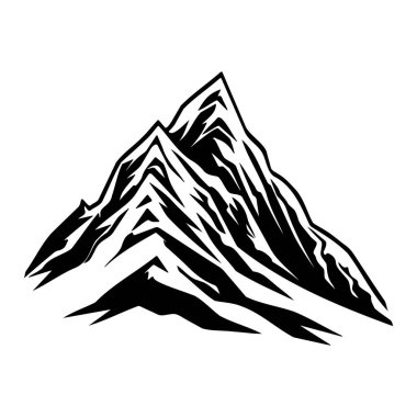 Majestic black and white mountain illustration with sharp peaks and detailed snow caps, suitable for travel and adventure themes