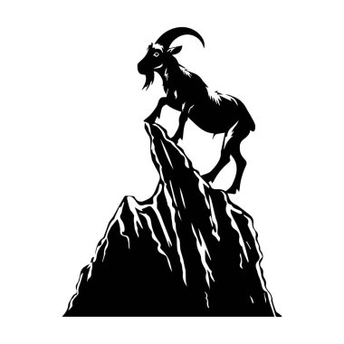 Black silhouette of a mountain goat standing on a rocky peak in profile view showcasing strength and resilience against a stark white background