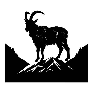 Black silhouette of a majestic goat standing on mountains, representing wildlife, nature, and adventure in a striking monochrome design